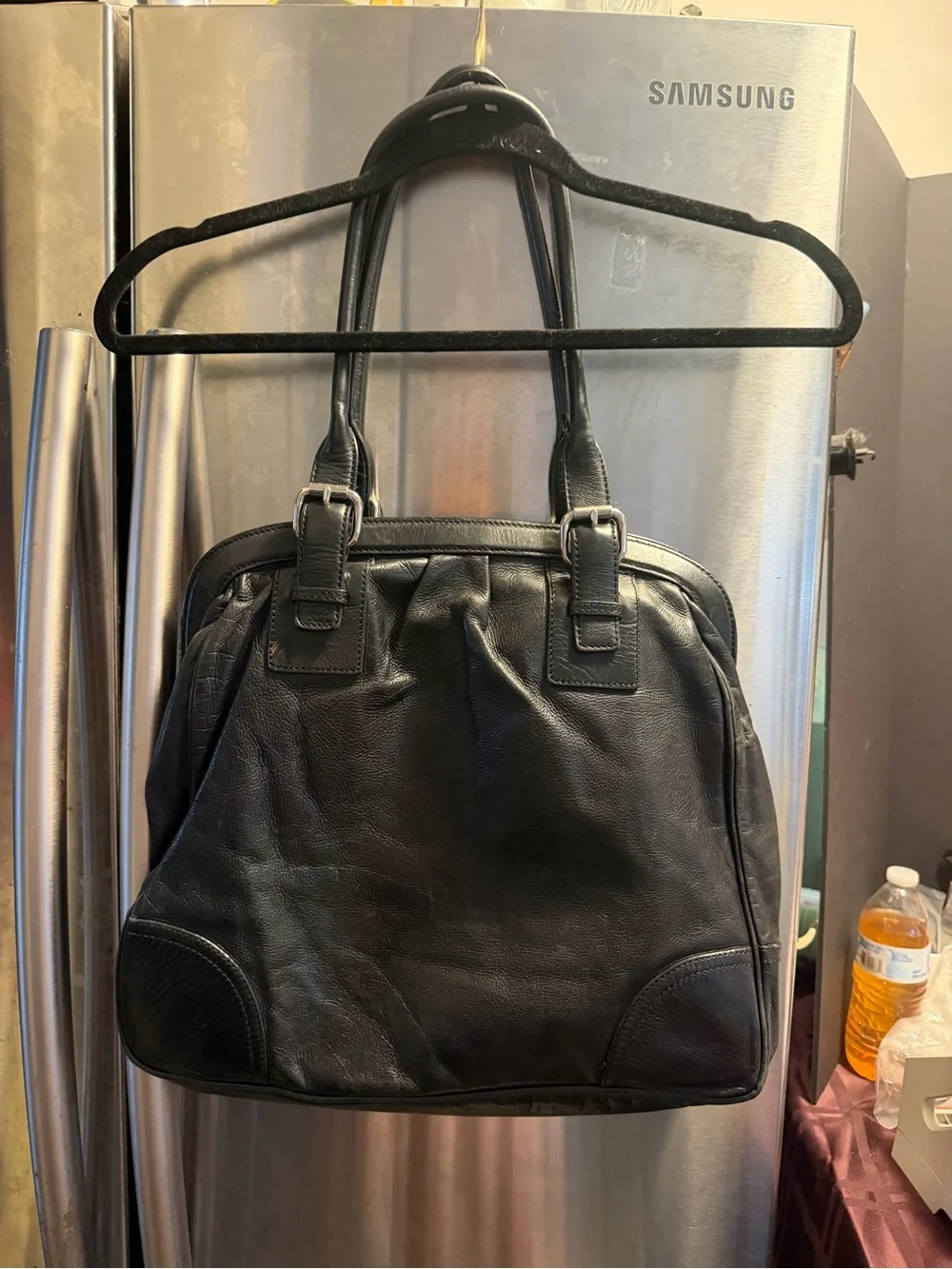 Club Monaco Black Leather Shoulder Bag with Buckle Straps - Picture 2 of 7